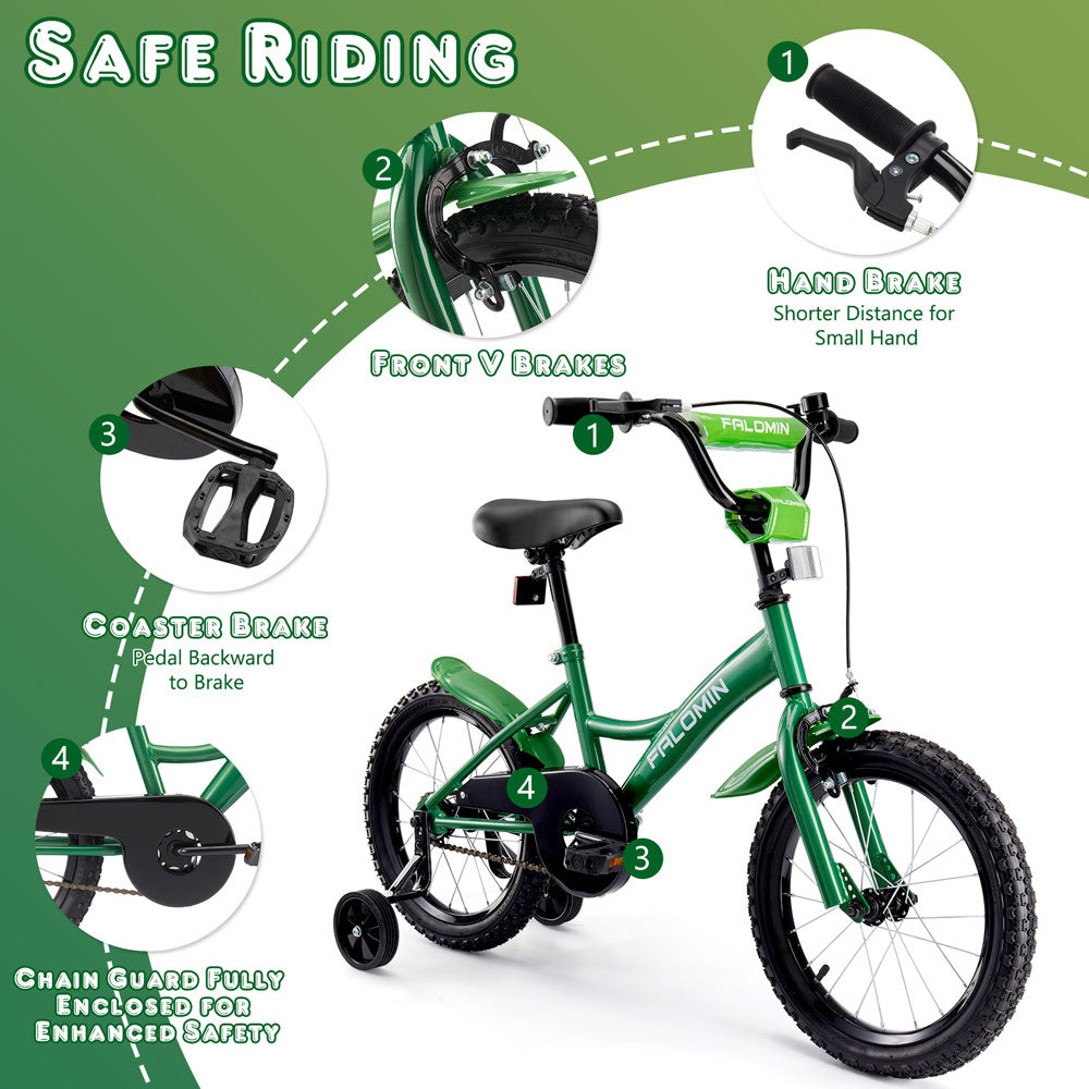 FALOMIN kids bicycle safety features: front V brake, hand brake for small hands, coaster brake, fully enclosed chain guard for safe riding