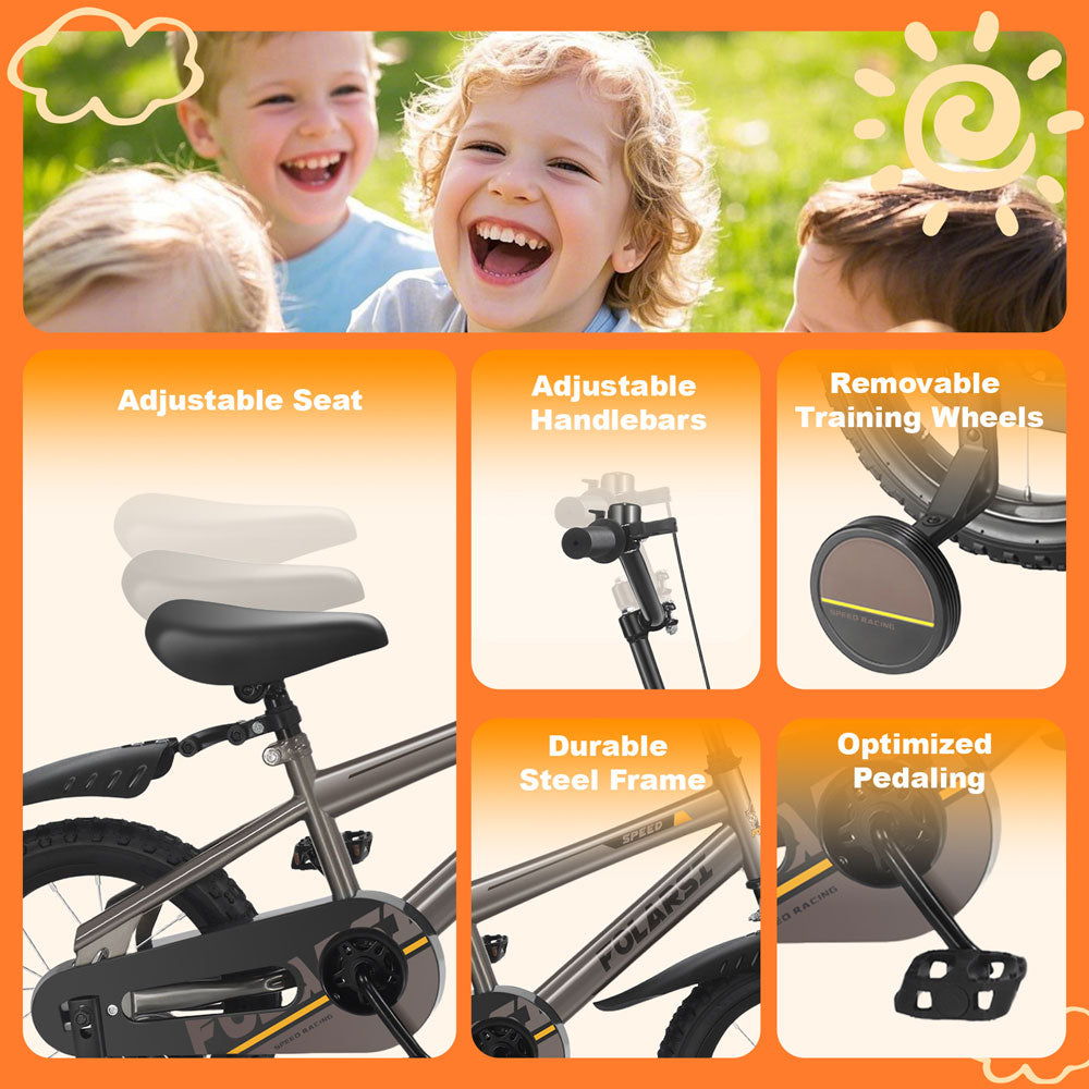 16 Inch Kids Bike, High Carbon Steel Frame, with Training Wheels, Black Color