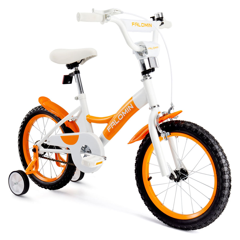 Orange kids bicycle with training wheels, 16 inch toddler bike for boys and girls, beginner kids bike with safety stabilizers