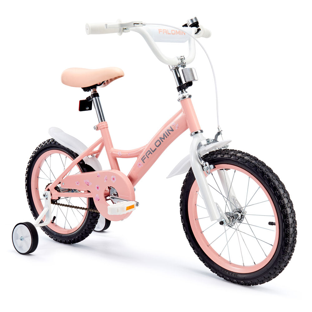 Pink kids bicycle with training wheels, 18 inch toddler bike for boys and girls, beginner kids bike with safety stabilizers